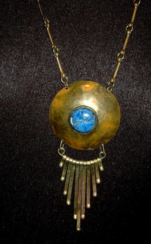Lapis Lazuli , Tribal, Ethnic Hand Hammered Brass Necklace Vintage