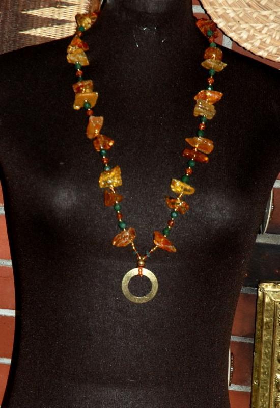 Amazon Basin Chunky Amber & Jadeite Stone Necklace, Hand Crafted Tribal Style