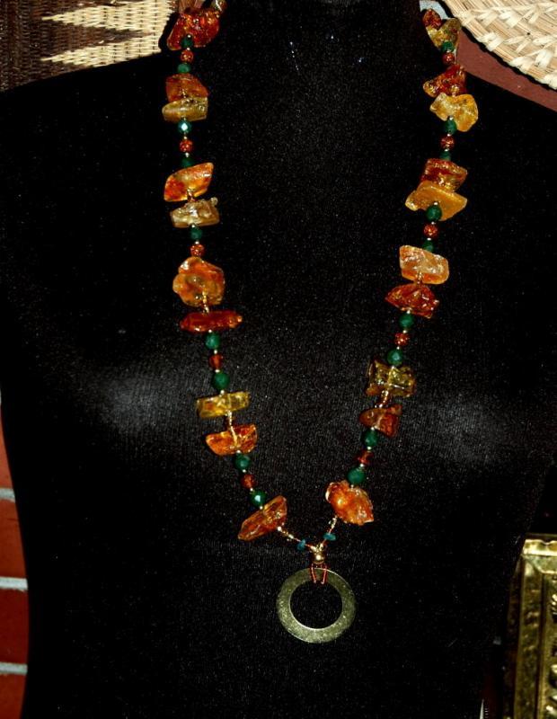 Amazon Basin Chunky Amber & Jadeite Stone Necklace, Hand Crafted Tribal Style