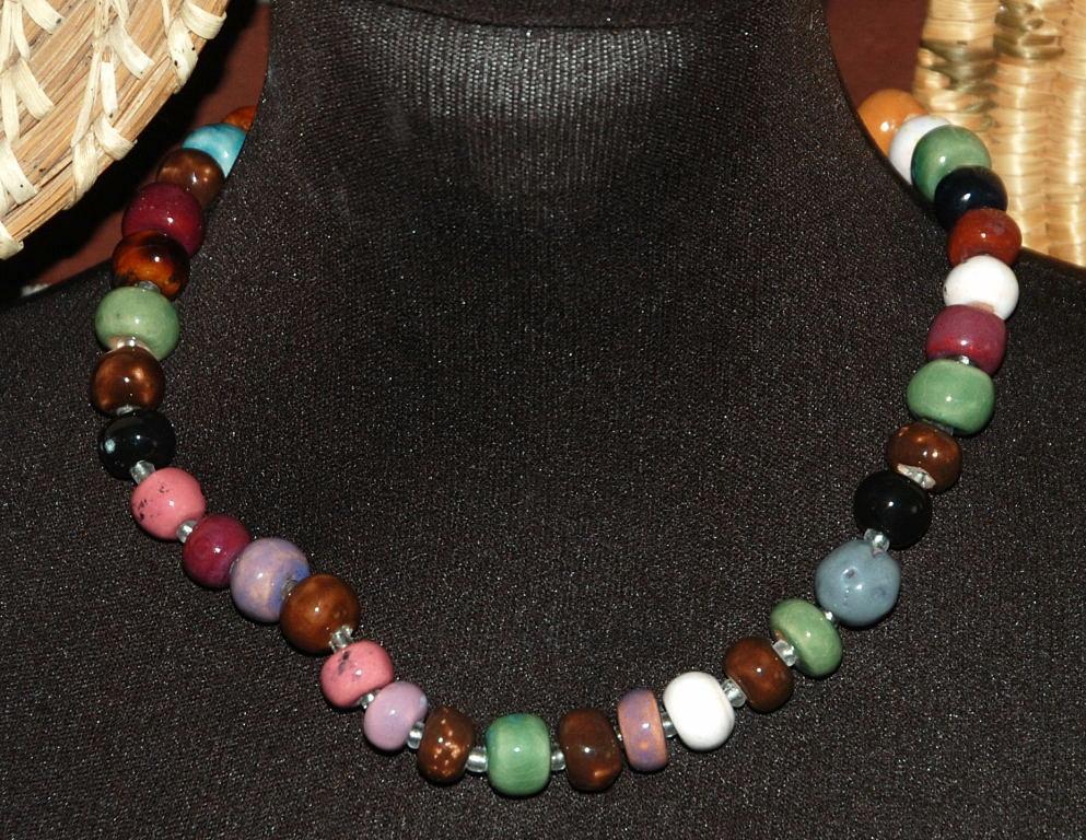 Hand made Enameled Porcelain Beaded Necklace Stamped Teng Yue