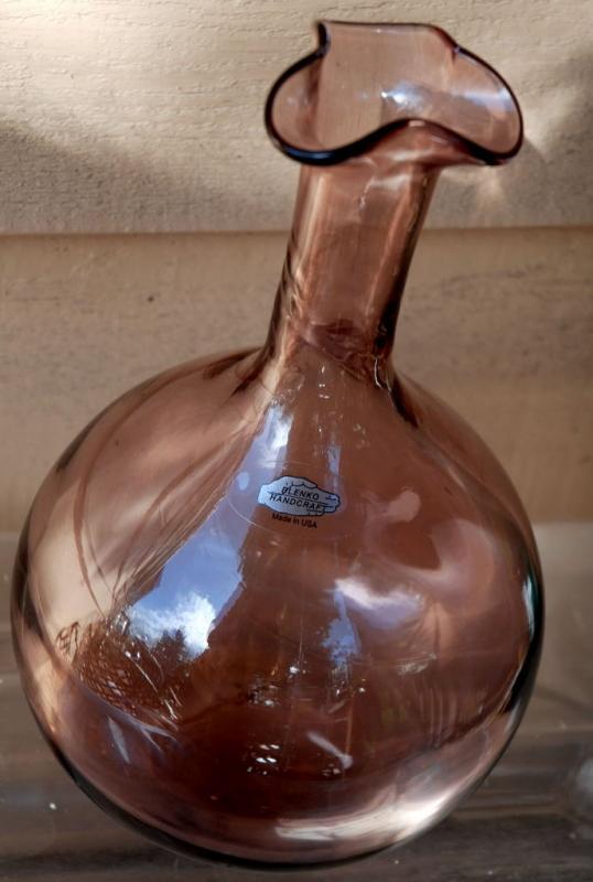 Blenko Orchid Glass Bottle Vase Bulbous Base Tall Neck and Ruffled Top Signed and Labeled