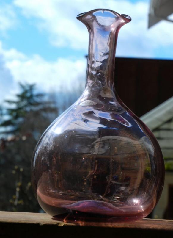 Blenko Orchid Glass Bottle Vase Bulbous Base Tall Neck and Ruffled Top Signed and Labeled