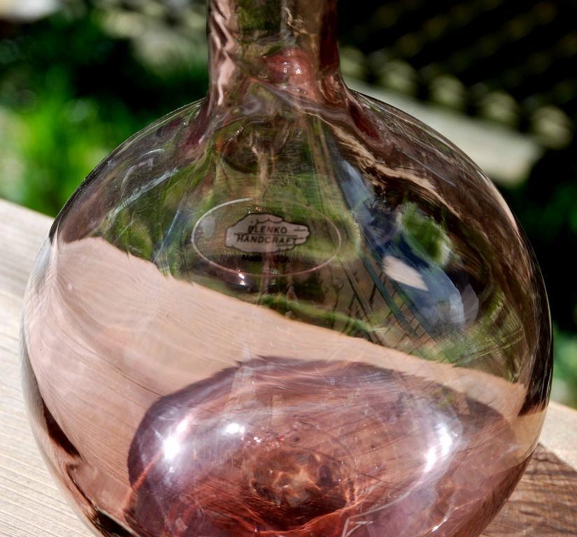 Blenko Orchid Glass Bottle Vase Bulbous Base Tall Neck and Ruffled Top Signed and Labeled