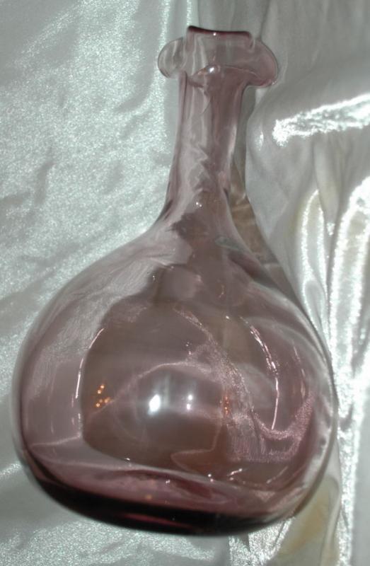 Blenko Orchid Glass Bottle Vase Bulbous Base Tall Neck and Ruffled Top Signed and Labeled