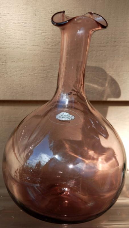 Blenko Orchid Glass Bottle Vase Bulbous Base Tall Neck and Ruffled Top Signed and Labeled