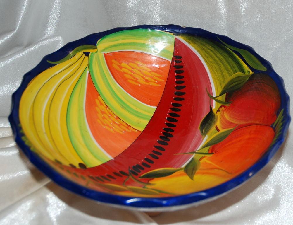 Vintage Mexican Talavera 3- legged Bowl Cobalt with Watermelon and other fruits