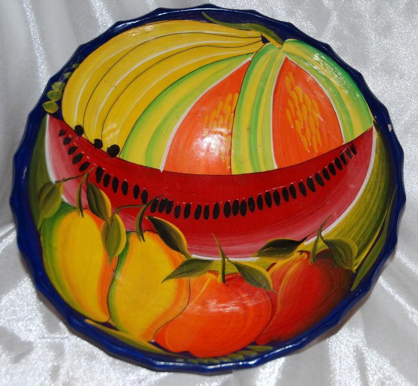 Vintage Mexican Talavera 3- legged Bowl Cobalt with Watermelon and other fruits