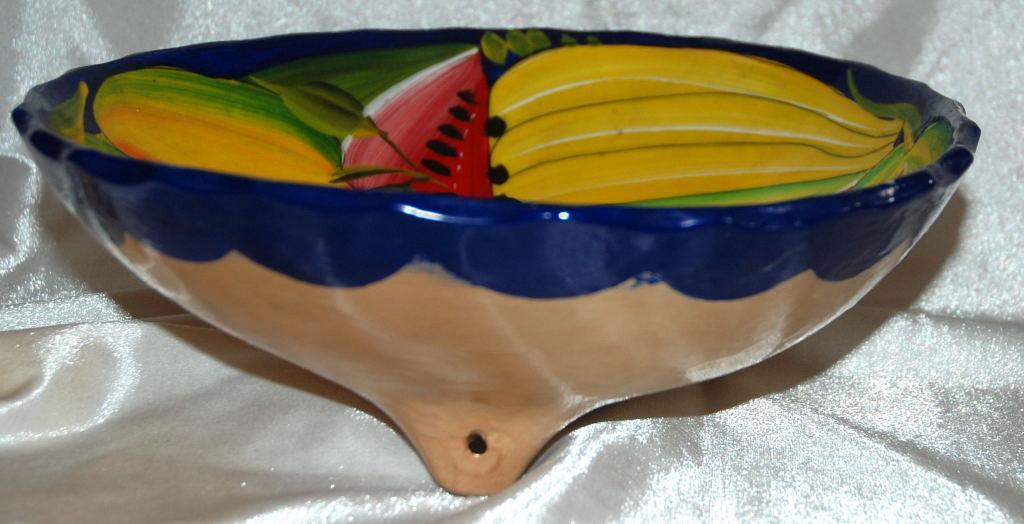 Vintage Mexican Talavera 3- legged Bowl Cobalt with Watermelon and other fruits
