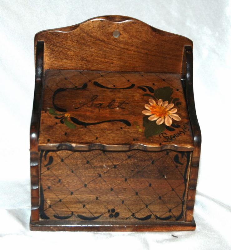 Hand Painted Wooden Wall Mount Salt Box Vintage Signed