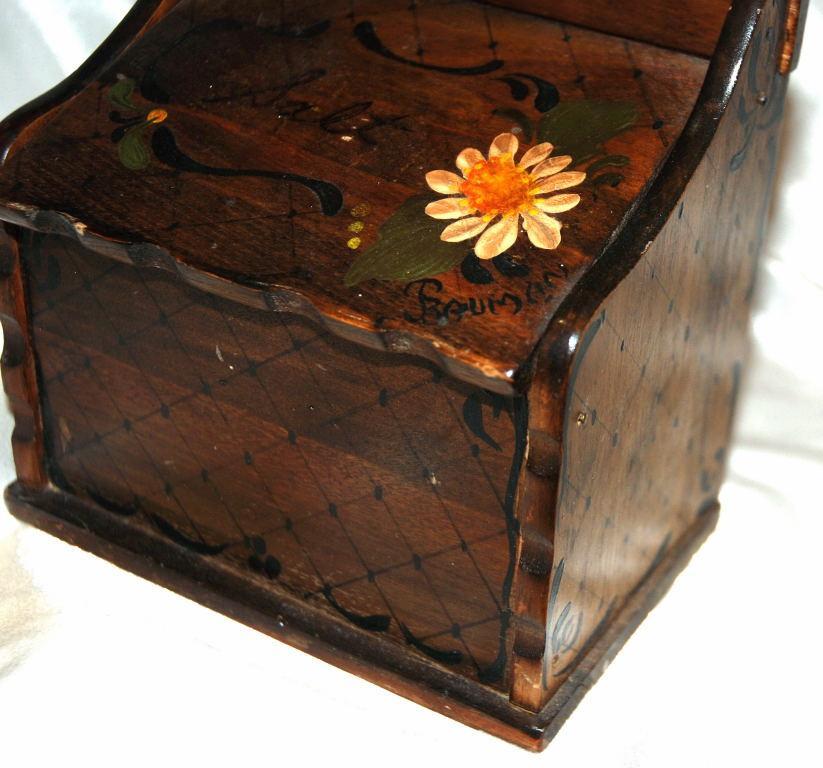 Hand Painted Wooden Wall Mount Salt Box Vintage Signed
