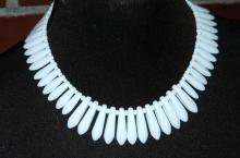 White Milk Glass Bead Necklace Choker Bib Style, Vintage Exotic Tribal Tooth Design