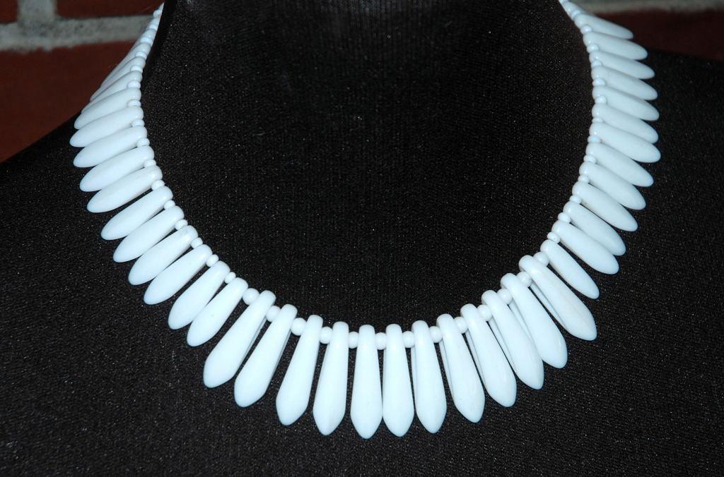 White Milk Glass Bead Necklace Choker Bib Style, Vintage Exotic Tribal Tooth Design