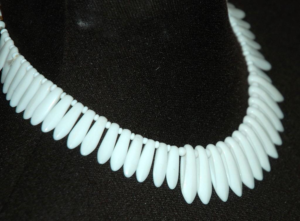 White Milk Glass Bead Necklace Choker Bib Style, Vintage Exotic Tribal Tooth Design
