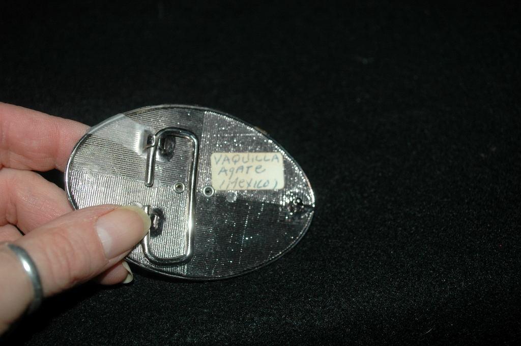 Mexican Vaquilla Agate & Silver Belt Buckle with Blue Enameling