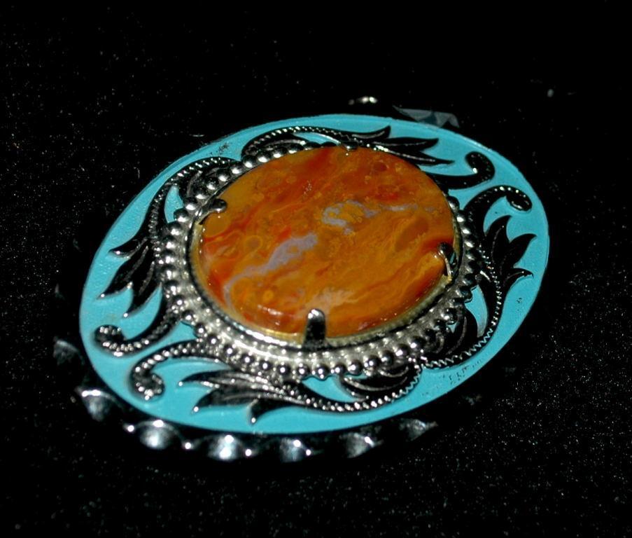 Mexican Vaquilla Agate & Silver Belt Buckle with Blue Enameling