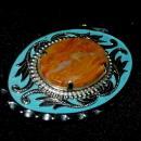 Mexican Vaquilla Agate & Silver Belt Buckle with Blue Enameling