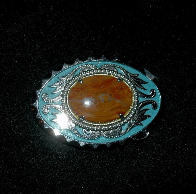 Mexican Vaquilla Agate & Silver Belt Buckle with Blue Enameling