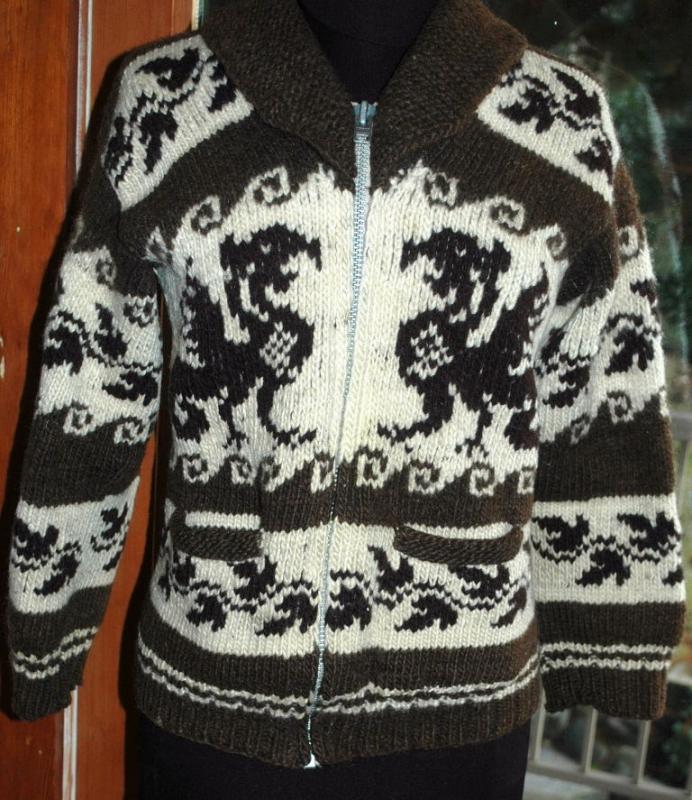 Dragon Cowichan Hand Knit Wool Cardigan Sweater Vintage