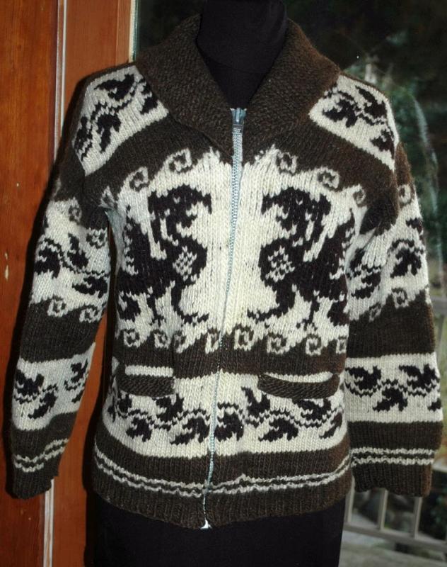 Dragon Cowichan Hand Knit Wool Cardigan Sweater Vintage
