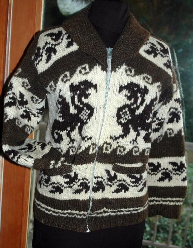 Dragon Cowichan Hand Knit Wool Cardigan Sweater Vintage