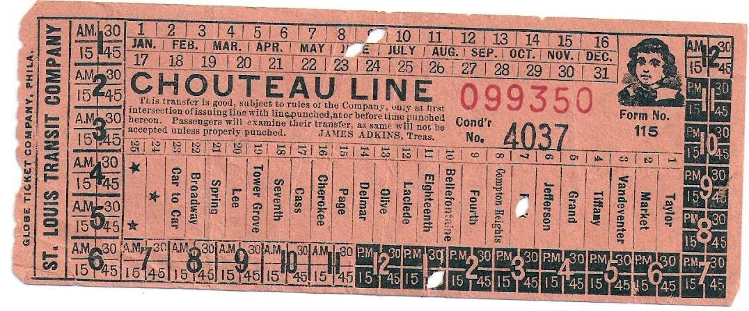 St. Louis World's Fair & Olympic Street Car Ticket, St. Louis Transfer Co. The Chouteau Line