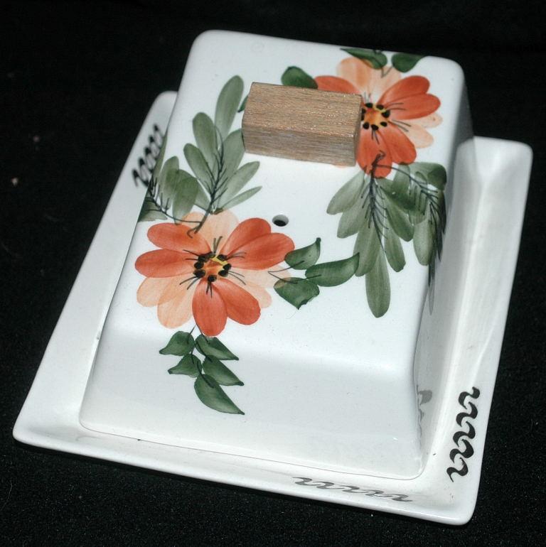 Hand Painted Flowers on Porcelain Lidded Cheese Dish Butter Keeper -with Wood Finial Handle / Mid-Century