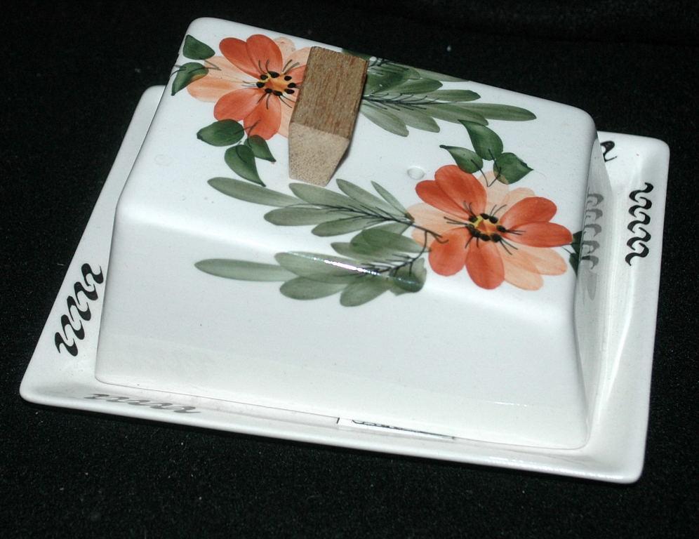 Hand Painted Flowers on Porcelain Lidded Cheese Dish Butter Keeper -with Wood Finial Handle / Mid-Century