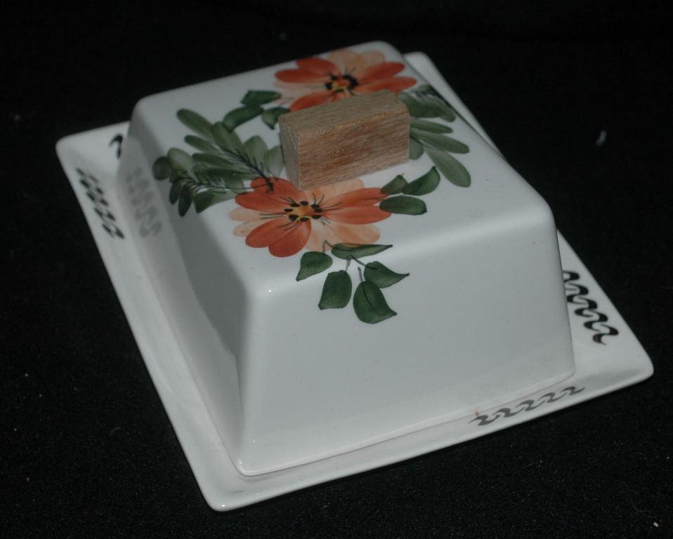 Hand Painted Flowers on Porcelain Lidded Cheese Dish Butter Keeper -with Wood Finial Handle / Mid-Century
