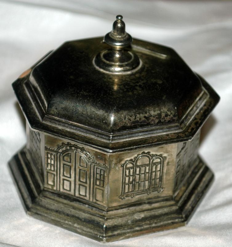 Antique Silverplate Octagon Building Coin Bank / Dome Roof French Window/ Japan
