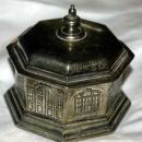 Antique Silverplate Octagon Building Coin Bank / Dome Roof French Window/ Japan