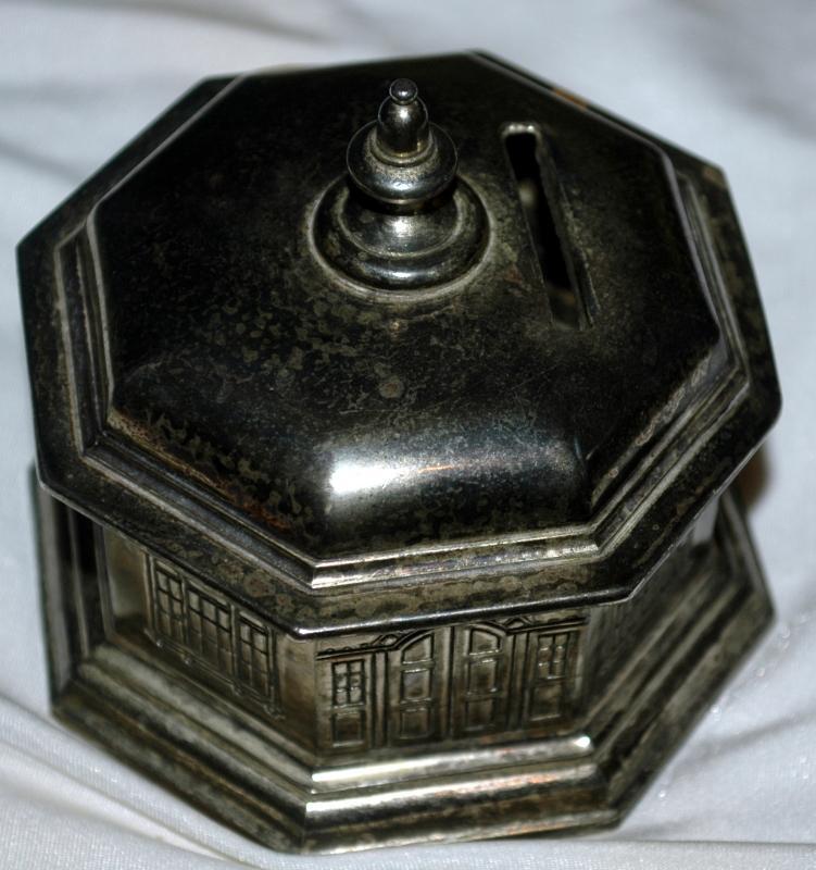 Antique Silverplate Octagon Building Coin Bank / Dome Roof French Window/ Japan