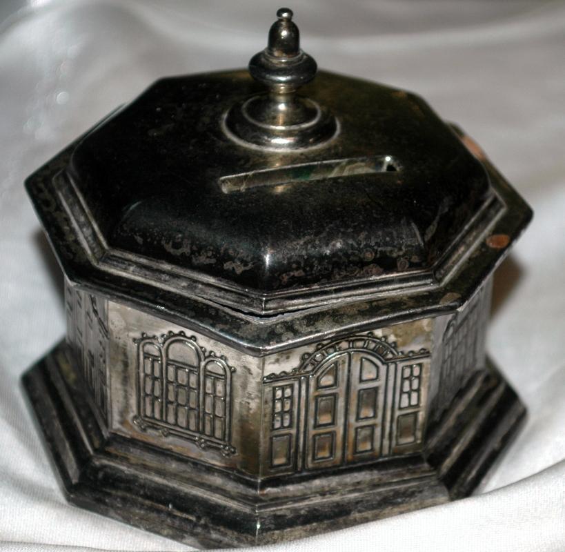 Antique Silverplate Octagon Building Coin Bank / Dome Roof French Window/ Japan