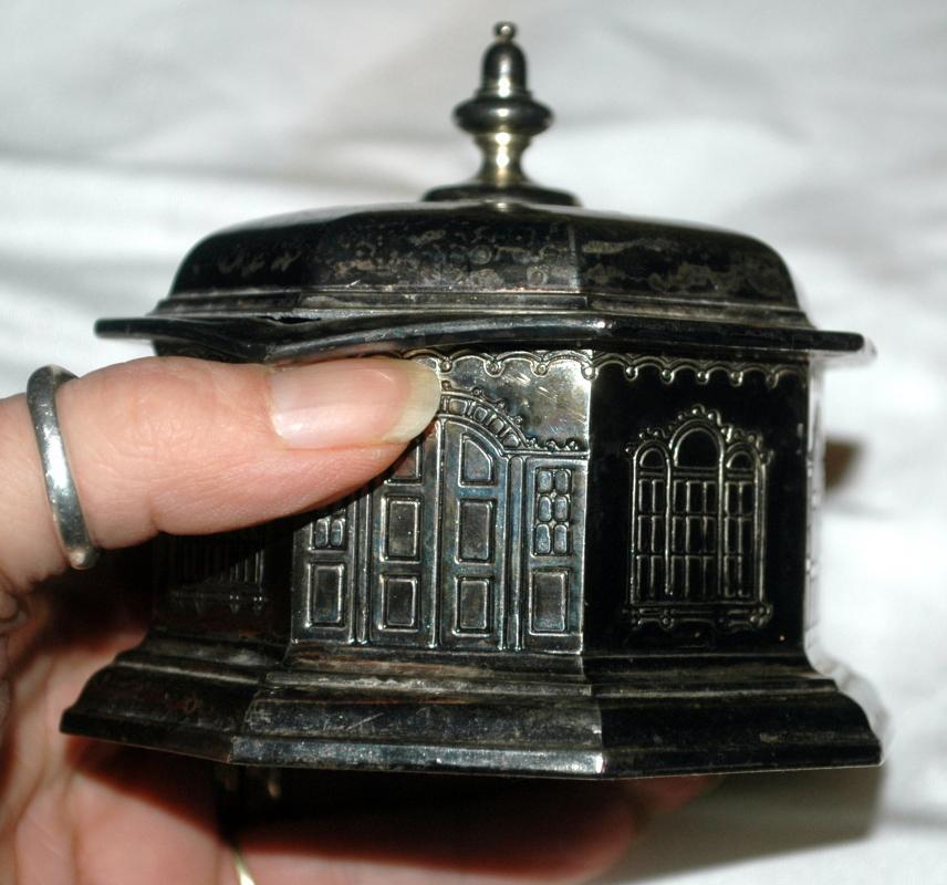 Antique Silverplate Octagon Building Coin Bank / Dome Roof French Window/ Japan