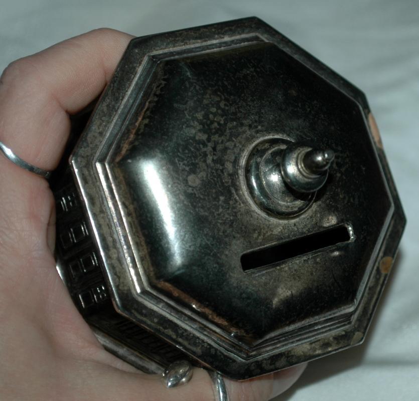 Antique Silverplate Octagon Building Coin Bank / Dome Roof French Window/ Japan