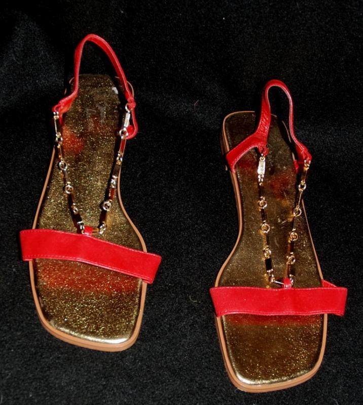 Red Leather Gold Chain Flat Sandal by Susan Lucci size 8.5.