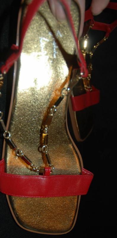 Red Leather Gold Chain Flat Sandal by Susan Lucci size 8.5.