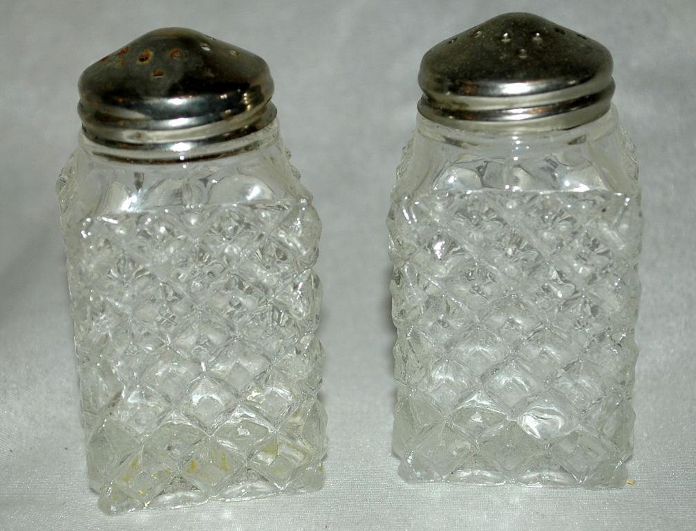 Crystal Salt Pepper Shakers Diamond Pattern, Marked England