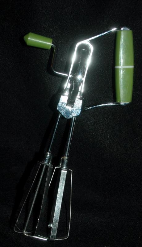 Vintage Hand Egg Beater Mixer with Green Plastic Handles