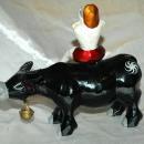 Asian Folk Art Wooden Bull with Articulated Head and Flute Player Rider.