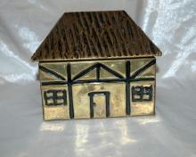 Brass Over Wood Cottage House Shaped Tea Box Caddy Old English