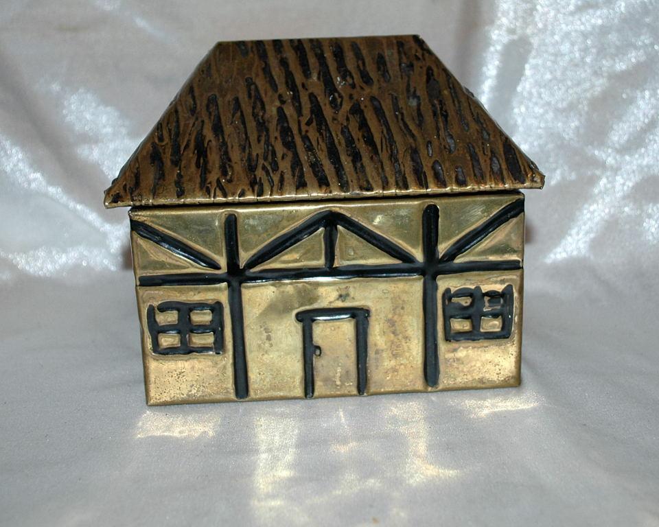 Brass Over Wood Cottage House Shaped Tea Box Caddy Old English