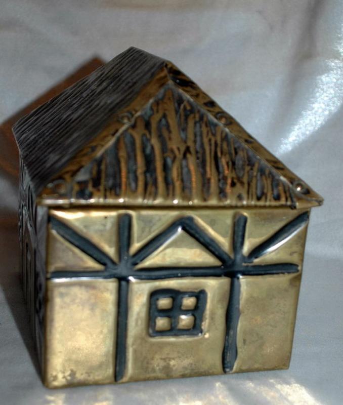 Brass Over Wood Cottage House Shaped Tea Box Caddy Old English