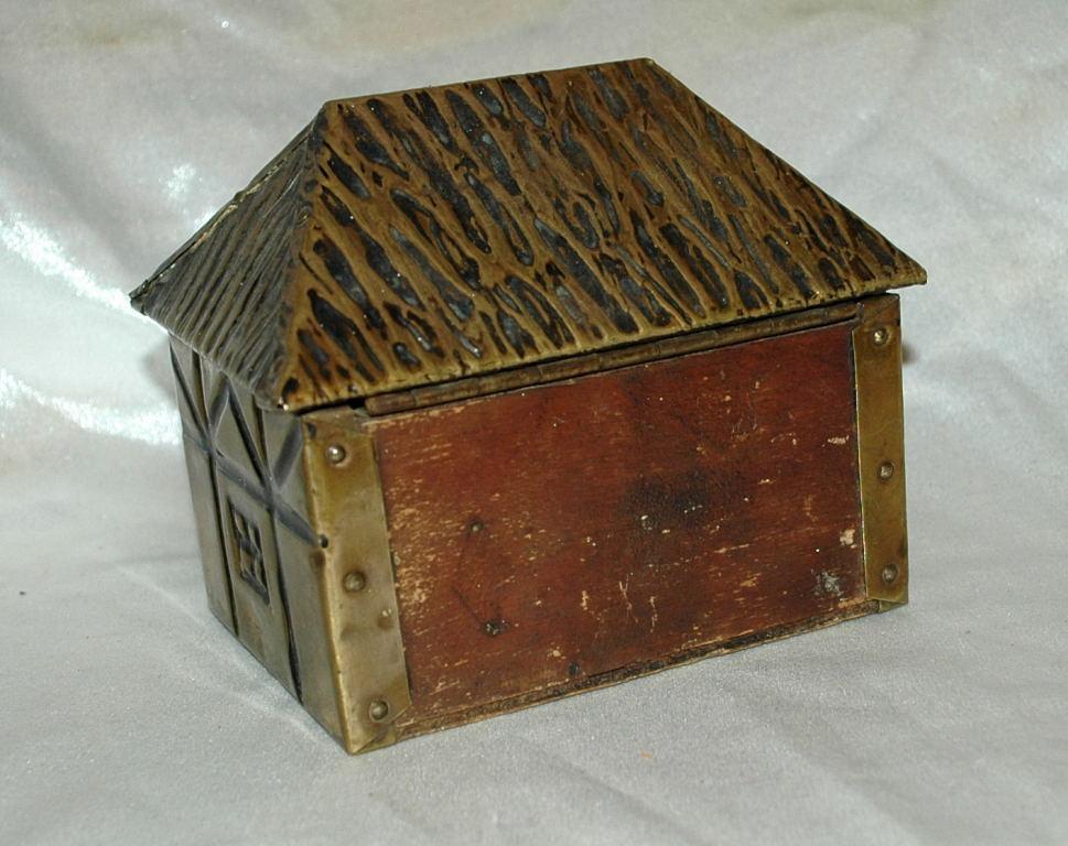 Brass Over Wood Cottage House Shaped Tea Box Caddy Old English