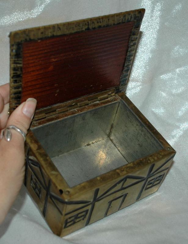 Brass Over Wood Cottage House Shaped Tea Box Caddy Old English