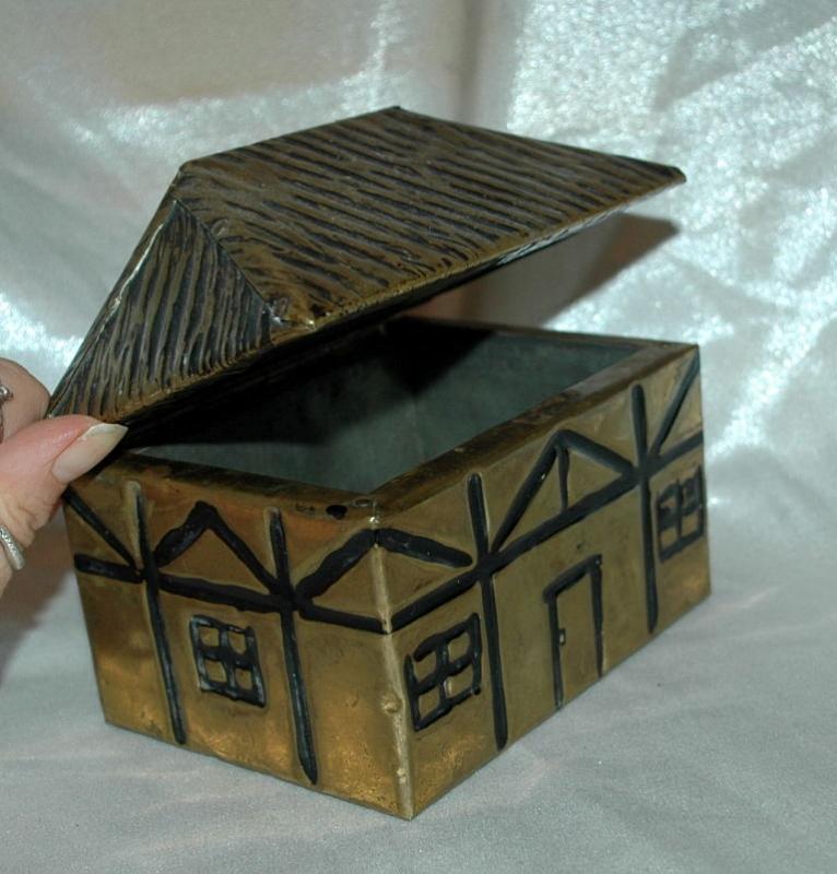 Brass Over Wood Cottage House Shaped Tea Box Caddy Old English