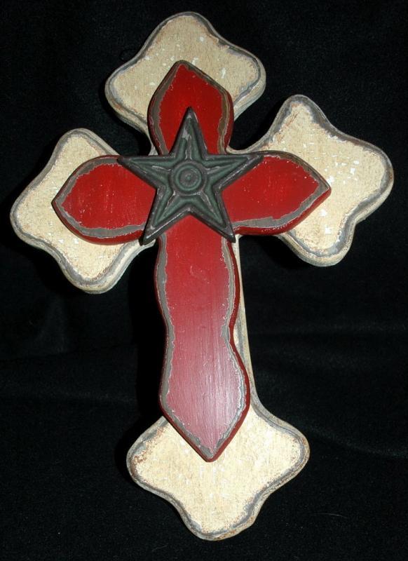 Rustic Wooden Cross, with Iron Star Hand painted and distressed.