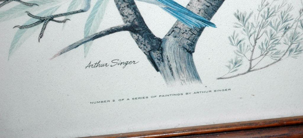 Vintage Framed Arthur Singer Print of Birds and Flowers. Blue Birds #2 in the series