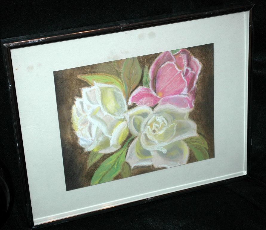 Pastel Painting of Roses, Original Art, Framed behind Glass