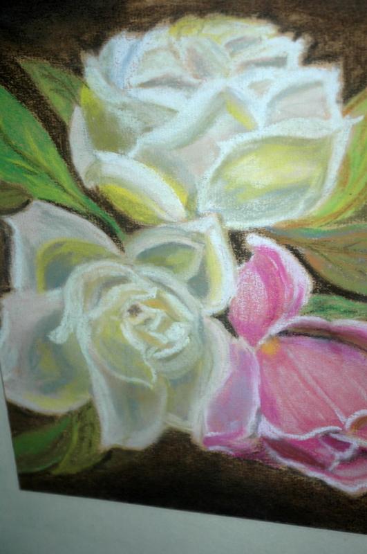 Pastel Painting of Roses, Original Art, Framed behind Glass