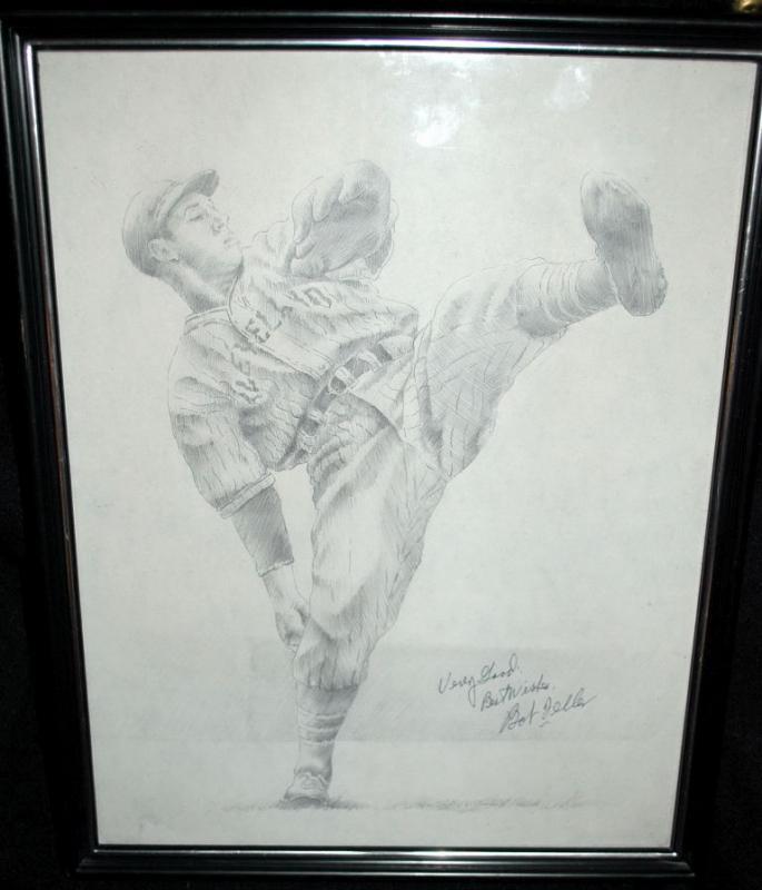 Bob Feller Autographed Pencil Drawing, Hall of Fame Pitcher for Cleveland Indians One of Kind Item